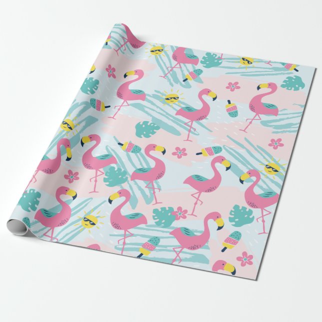 Papier Cadeau Mignonne Flamant rose Mint Vert Motif Tropical (Déroulé)