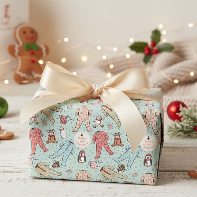 Papier Cadeau Mignonne Mint Green Baby's First Christmas Custom (Cute 1st Christmas Kids Wrapping Paper. Baby Pj's & Winter Animals First Xmas Illustration Pattern)