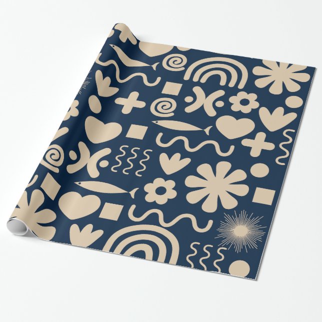 Papier Cadeau Mignonne Miscellany Motif bleu foncé Scandi (Déroulé)