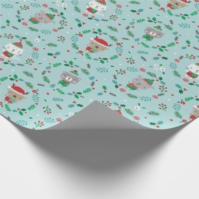 Papier Cadeau Mignonne Noël Animal Wreath bleu (Coin)