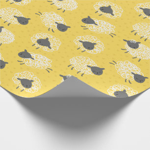 Papier Cadeau Mignonne Petit mouton laineux blanc brun sur jaune