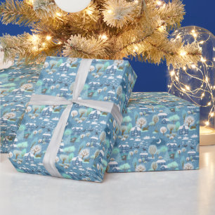 Papier Cadeau Mignonne Turquoise Blue Green Winter Season Paysag