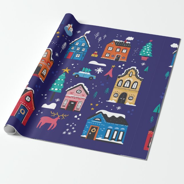 Papier Cadeau Mignonnes maisons de Noël plats illustrations vint (Déroulé)