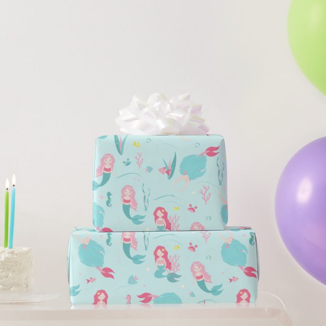 Papier Cadeau Mignonnes sirènes rose et turquoise Motif (Cadeaux de fête)
