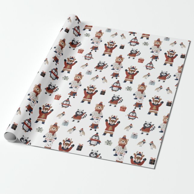 Papier Cadeau Mignons animaux de Noël en Sweaters Motif Wrappin (Déroulé)