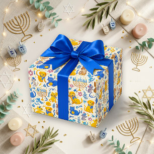 Papier Cadeau Mignons animaux Hanukkah bleu or