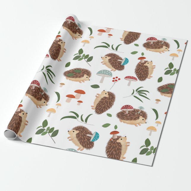 Papier Cadeau Mignons Champignons Hérisson Forêt Animaux de la F (Déroulé)
