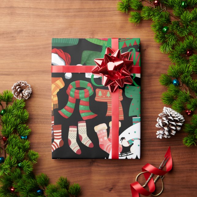 Papier Cadeau Mignons chapeaux, écharpes et chaussettes de Noël  (Cadeau de vacances)