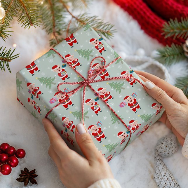 Papier Cadeau Mignons Cochons de Noël Fantaisistes Motif Vert (Créateur téléchargé)