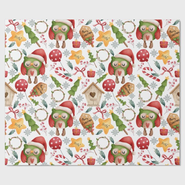 Papier Cadeau Mignons hiboux de Noël à l'aquarelle  (Plat)