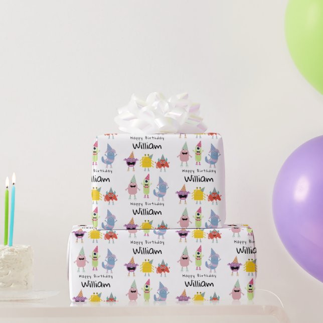 Papier Cadeau Mignons monstres colorés drôle Nom de l'Anniversai (Cadeaux de fête)
