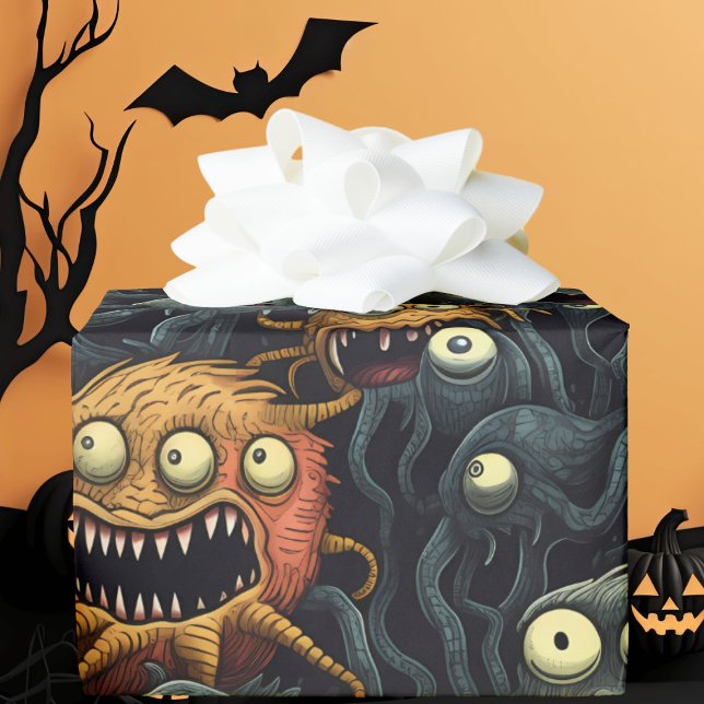 Papier Cadeau Mignons monstres d'Halloween, Orange, Gris foncé (Créateur téléchargé)