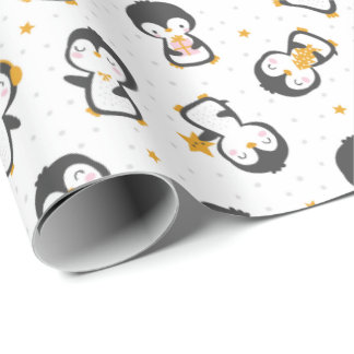 Papier Cadeau Mignons pingouins de Noël en blanc