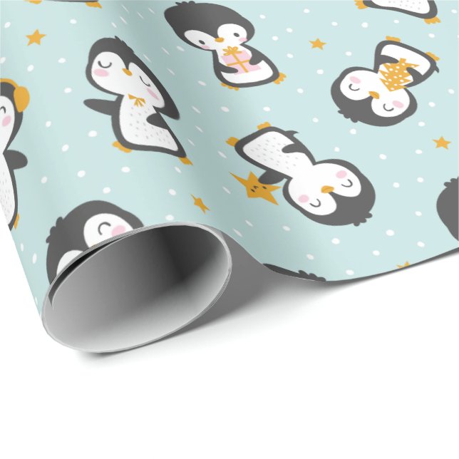 Papier Cadeau Mignons pingouins de noël sur papier d'enveloppeme (Coin rond)