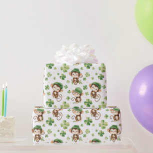 Papier Cadeau Mignons Singes Vert Casquette Shamrock St. Patrick
