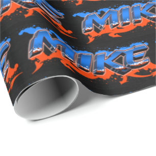 Papier Cadeau Mike prénom Graffiti blue orange