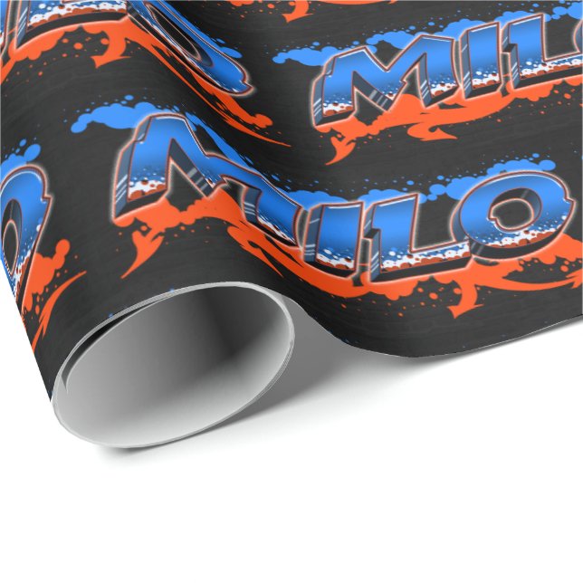 Papier Cadeau Milo Prénom Graffiti blue orange (Coin rond)