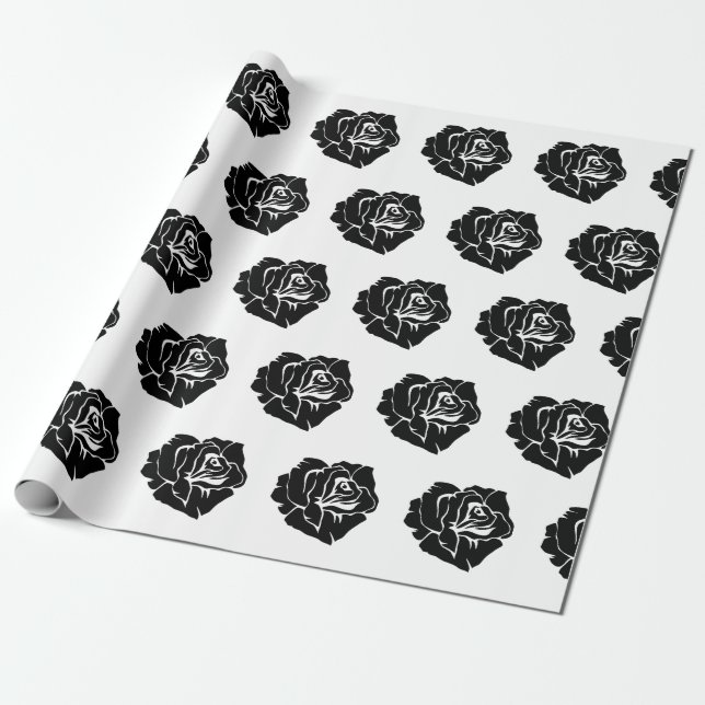 Papier Cadeau Minimal Black and White Rose Pattern (Déroulé)