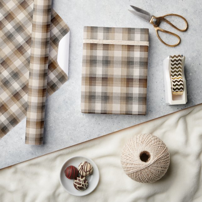 Papier Cadeau Minimal Brun Plaid Fêtes (Artisanat)