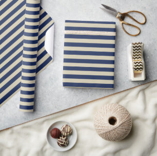 Papier Cadeau Minimaliste Élégant Bleu Nuit Beige Rayures