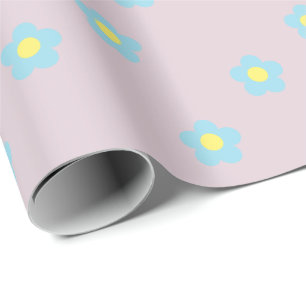 Papier Cadeau Minimaliste Retro 90s Y2k Pastel Blue Flowers Lila