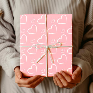 Papier Cadeau Minimaliste Rose Blush Cœurs Ouverts Blanc Chic