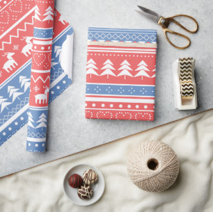 Papier Cadeau Minimaliste Rouge & Bleu Noël - Motif Unique