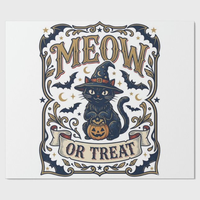 Papier Cadeau Minou ou traiter Chat Halloween Chat Fantomatique  (Plat)