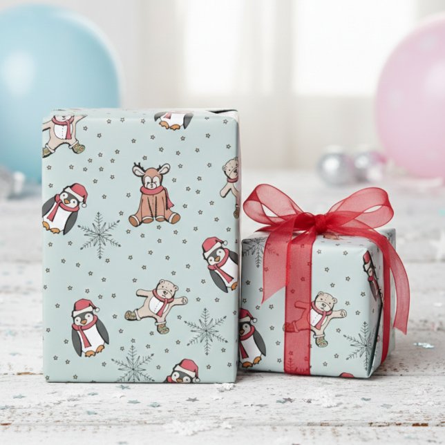 Papier Cadeau Mint Green Babys First Christmas Winter Animaux (Cute Winter Stuffed Animals, Snowflakes, Polka Dots Pattern Gender Neutral Xmas Gift Wrap for Kids)