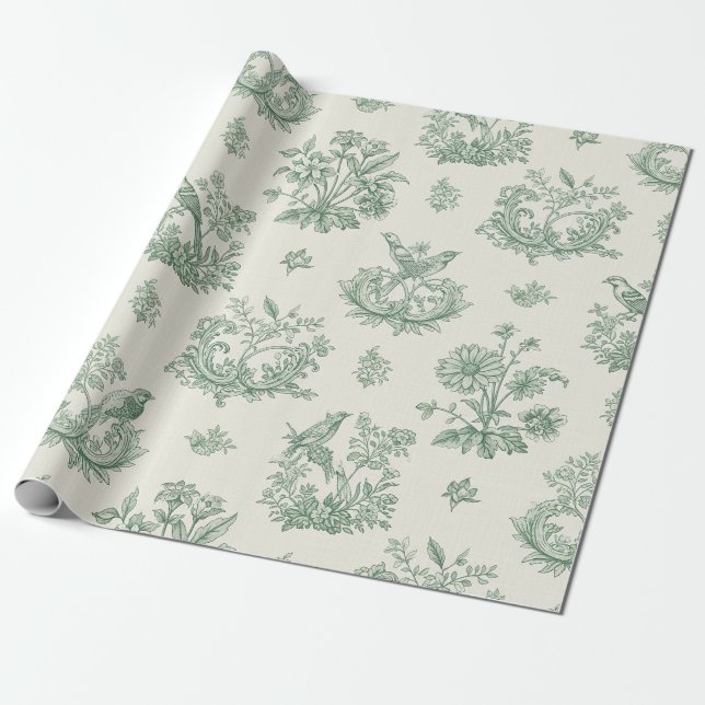 Papier Cadeau Mint Green French Country Birds and Floral Toile 4 (Déroulé)