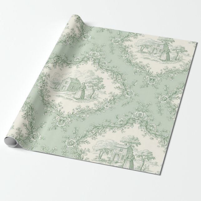 Papier Cadeau Mint Green French Country Floral Toile - Farmhouse (Déroulé)