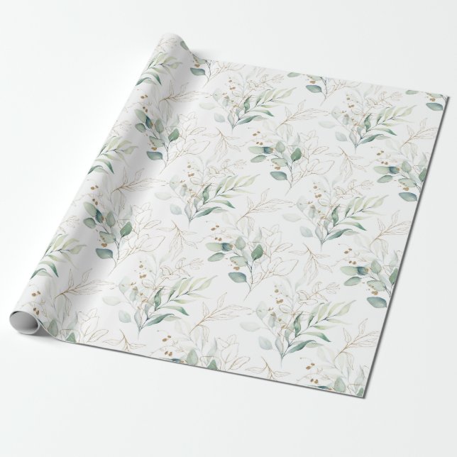 Papier Cadeau Mint Green Pastel Floral Greenery Motif (Déroulé)