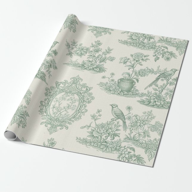 Papier Cadeau Mint Green Toile Floral and Bird Pattern (Déroulé)