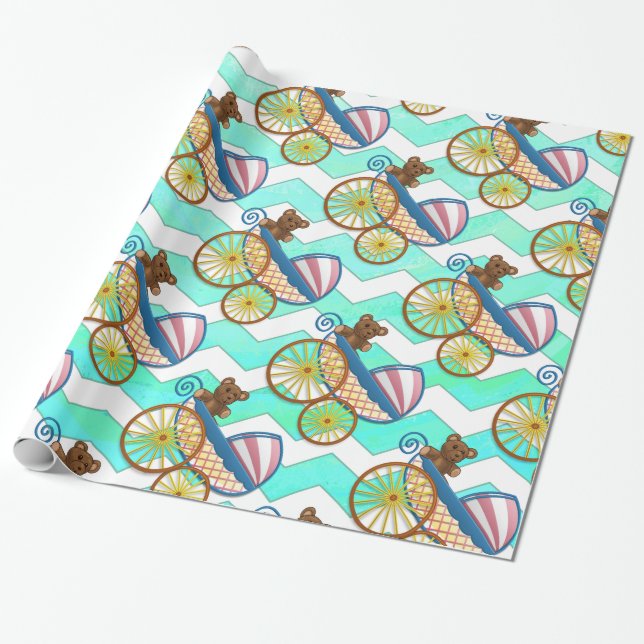 Papier Cadeau Mint Ice Blue Chevron Patteryn Baby (Déroulé)