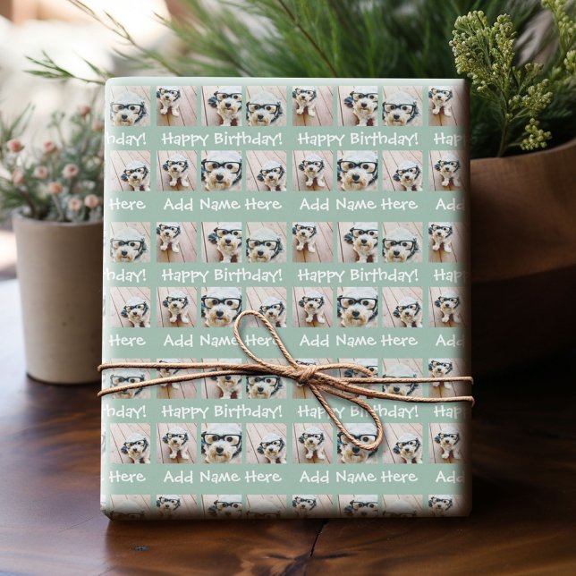 Papier Cadeau Mint Joyeux Anniversaire Nom 6 Carré Photo Collage (Custom Photo Wrapping Paper)