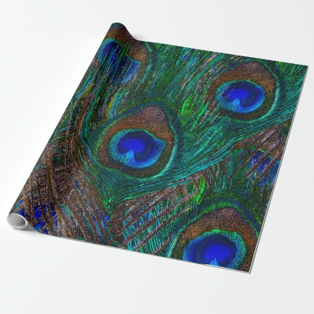 Papier Cadeau Minuit Peacock Plumes Etching Style Décor (Déroulé)