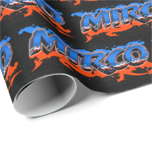 Papier Cadeau Mirco prénom nom Graffiti bleu orange