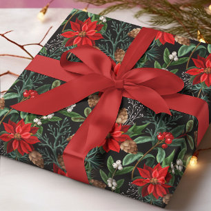 Papier Cadeau Mistletoe Cône de Pin Rouge Poinsettia Noël