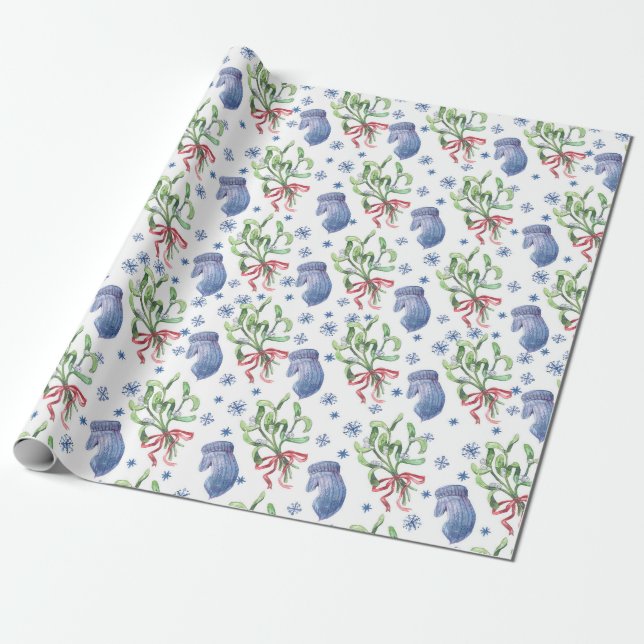 Papier Cadeau Mistletoe de Noël, Snowflakes, Mittens - Blanc (Déroulé)