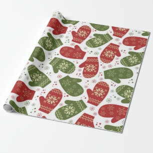 Papier Cadeau Mittens rouge et vert avec des flocons de neige No