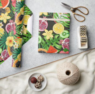 Papier Cadeau Mix-fruits tropicaux, fleurs et feuilles en noir