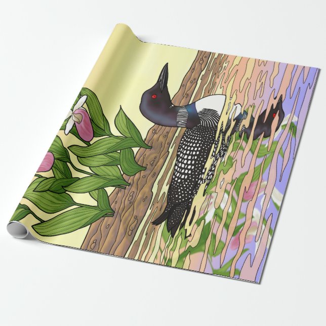 Papier Cadeau MN State Bird Flower Loon Lady Slipper (Déroulé)