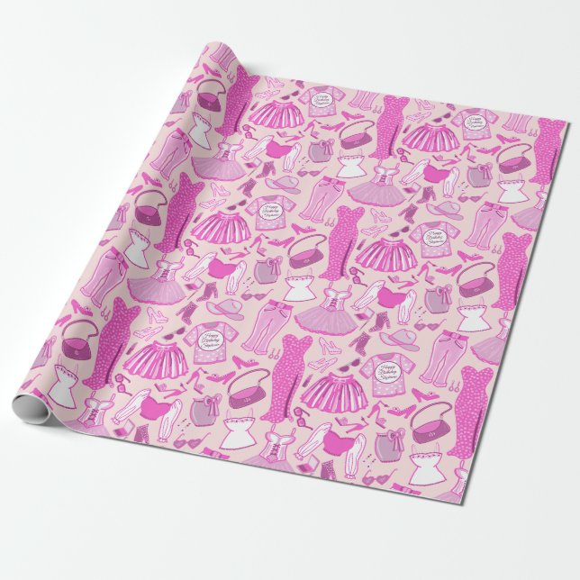 Papier Cadeau Mode Barbiecore rose et rose chaud personnalisé (Déroulé)