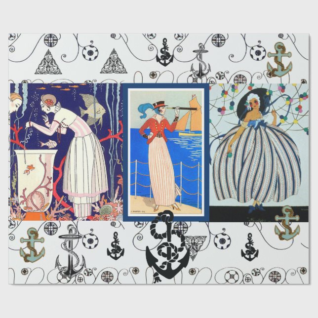 PAPIER CADEAU MODE DE BEAUTÉ ART DÉCO NAUTIQUE AVEC ANCRES (Plat)