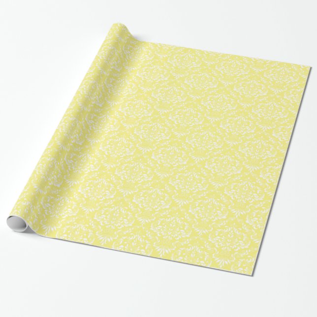 Papier Cadeau Modèle citron jaune Damas blanc (Déroulé)