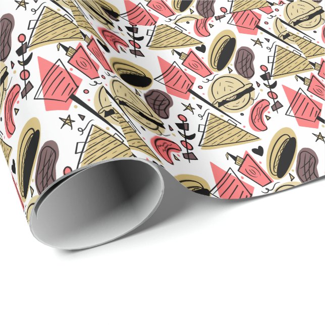 Papier Cadeau Modèle d'anniversaire BBQ Burger Hotdog Doodle     (Coin rond)