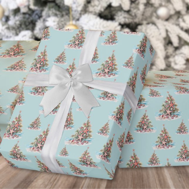 Papier Cadeau Modèle d'arbre de Noël de plage (Beach Christmas Tree Shell Pattern Wrapping Paper)
