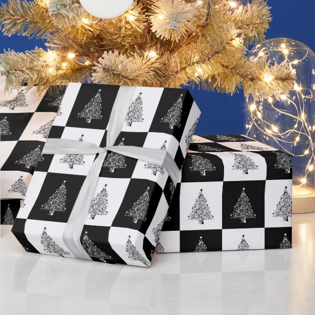 Papier Cadeau Modèle d'arbre de Noël noir et blanc (Vacances)