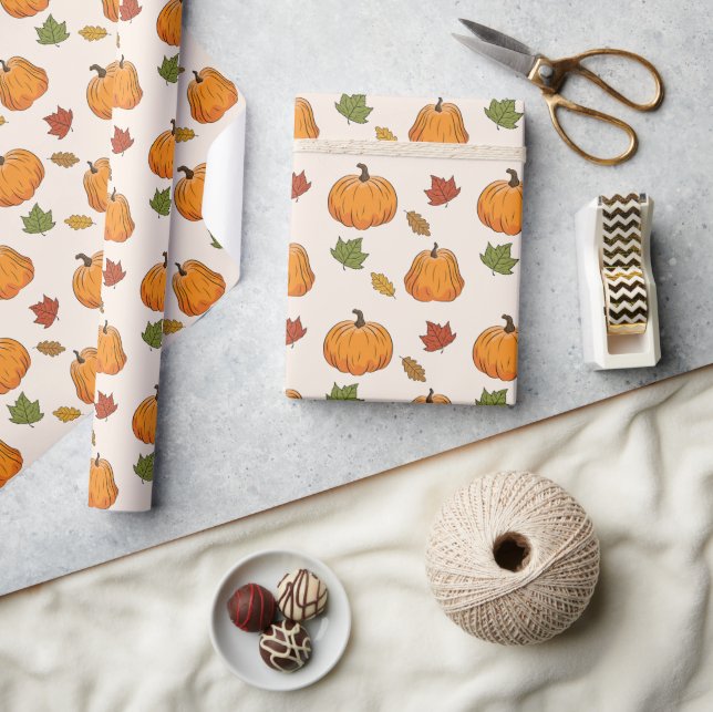 Papier Cadeau Modèle de citrouilles orange et de feuilles d'auto (Artisanat)