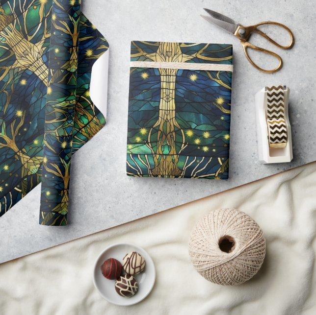 Papier Cadeau Modèle de faux vitrail de forêt vert émeraude (Artisanat)